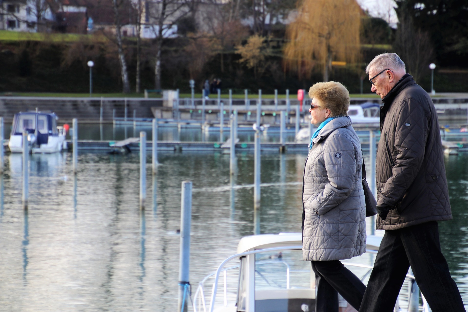 A senior couple walking
